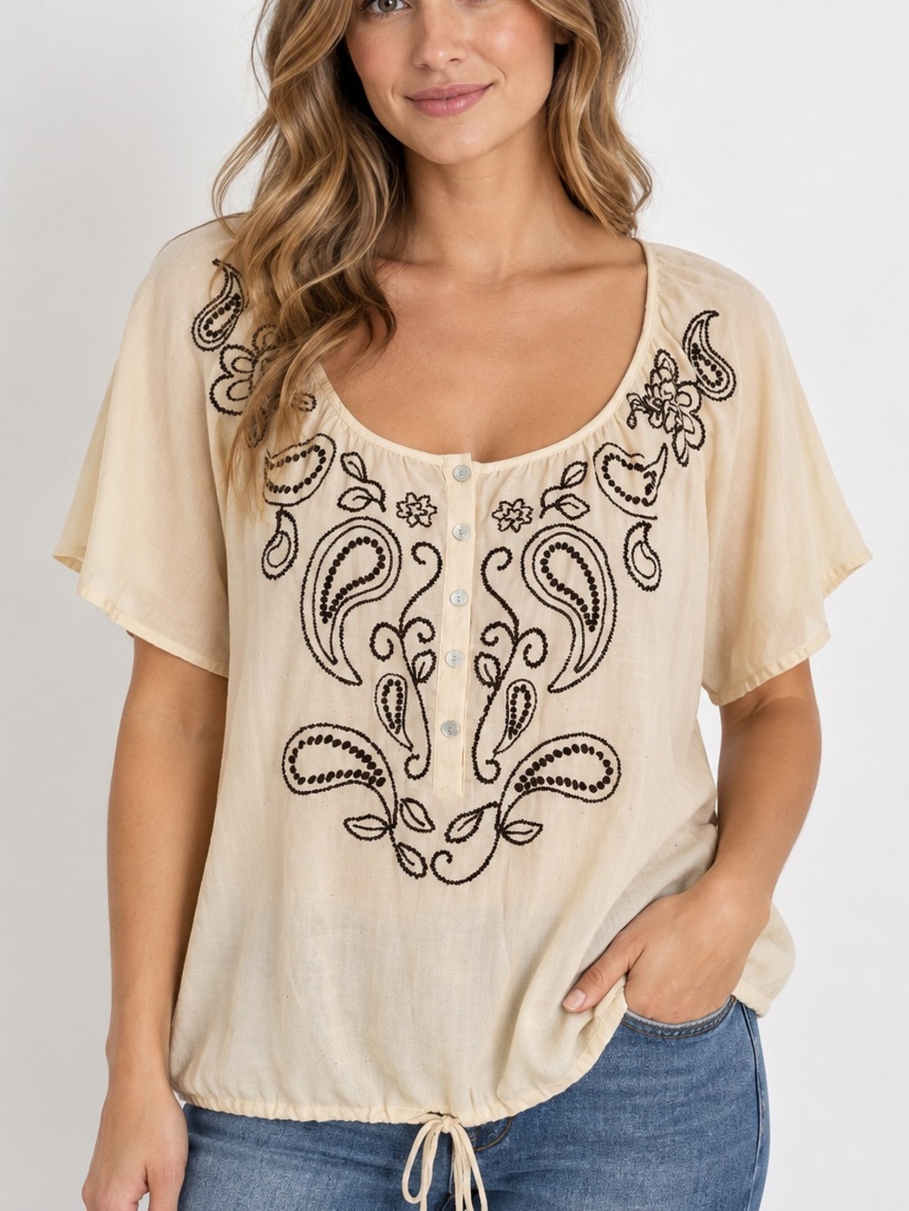 Avenue Womens Embroidered Peasant Style Boho Cream Black Blouse Top, Size 18/20